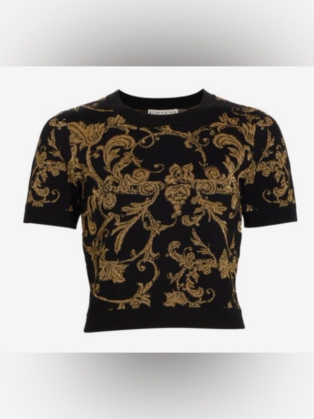 Alice + Olivia Black Short-Sleeve Sweater with Gold Baroque Motif